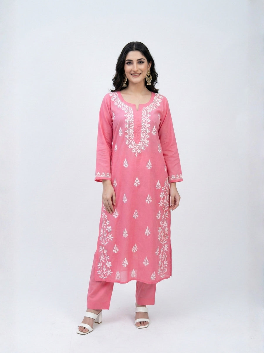 Chikankari Kurti Set -KURTI + MATCHING PANTS + OXIDIZE EARRING