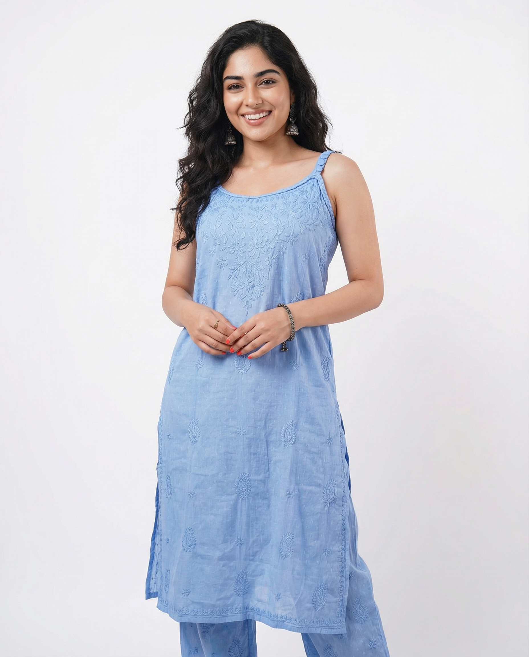 RAHA Dobby Cotton Noodle Straps Straight Kurta Set