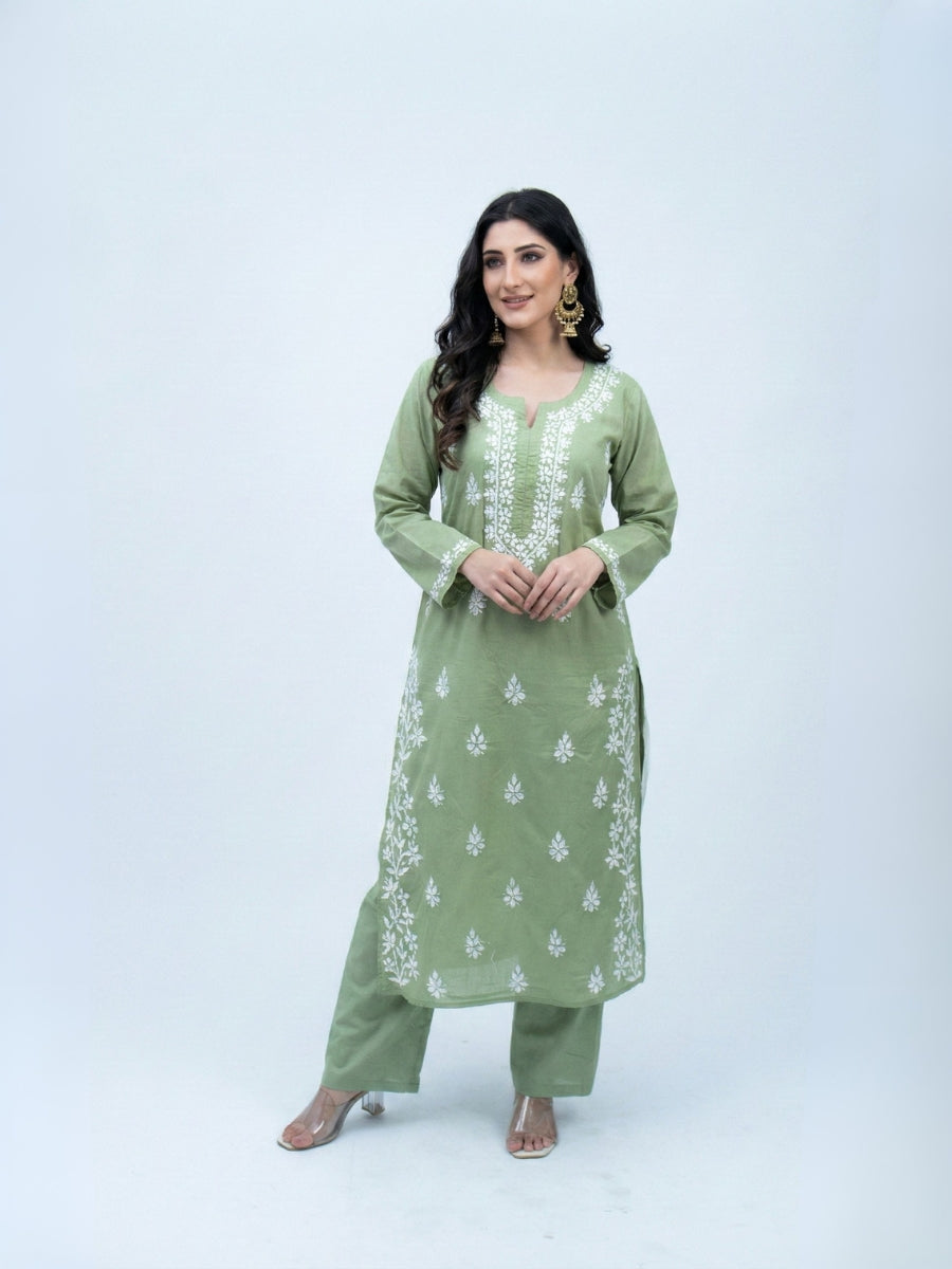 Chikankari Kurti Set -KURTI + MATCHING PANTS + OXIDIZE EARRING