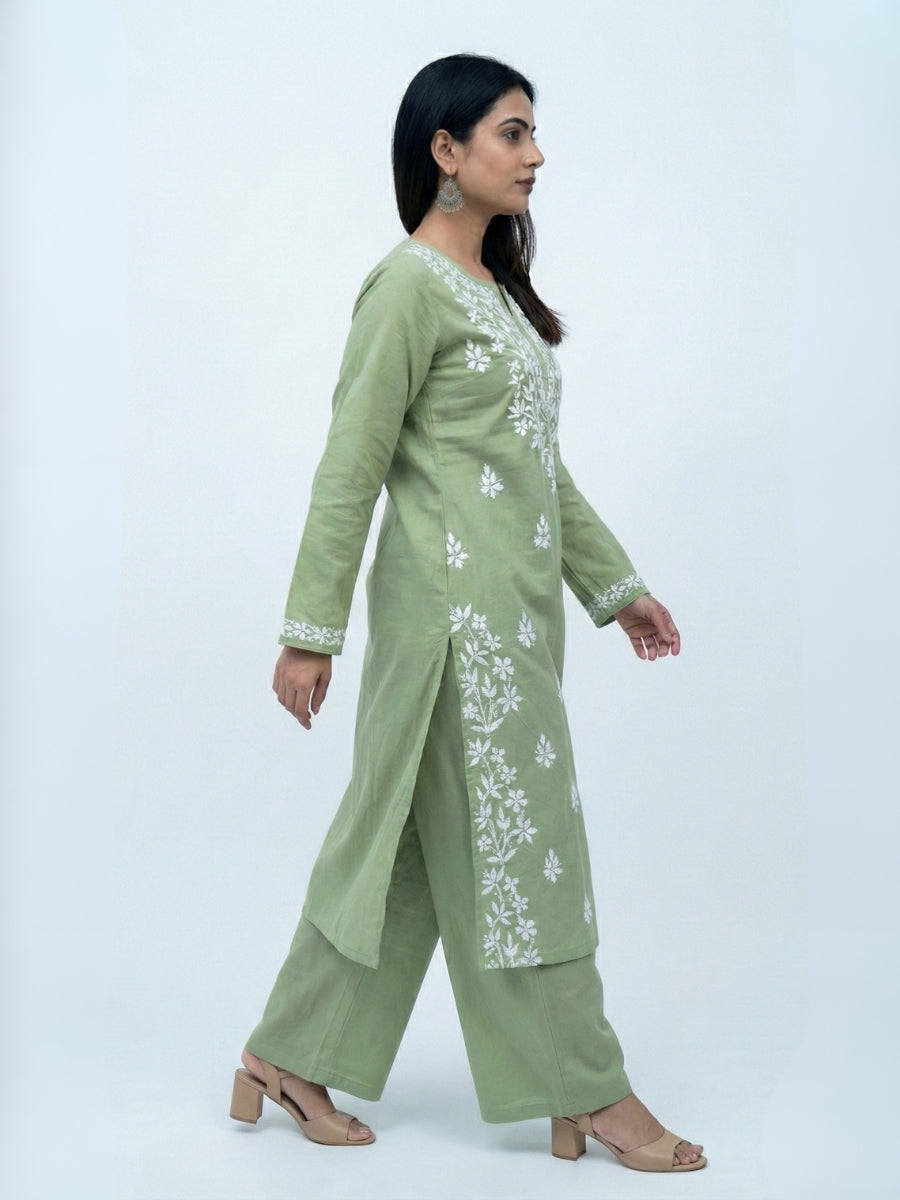 Chikankari Kurti Set -KURTI + MATCHING PANTS + OXIDIZE EARRING