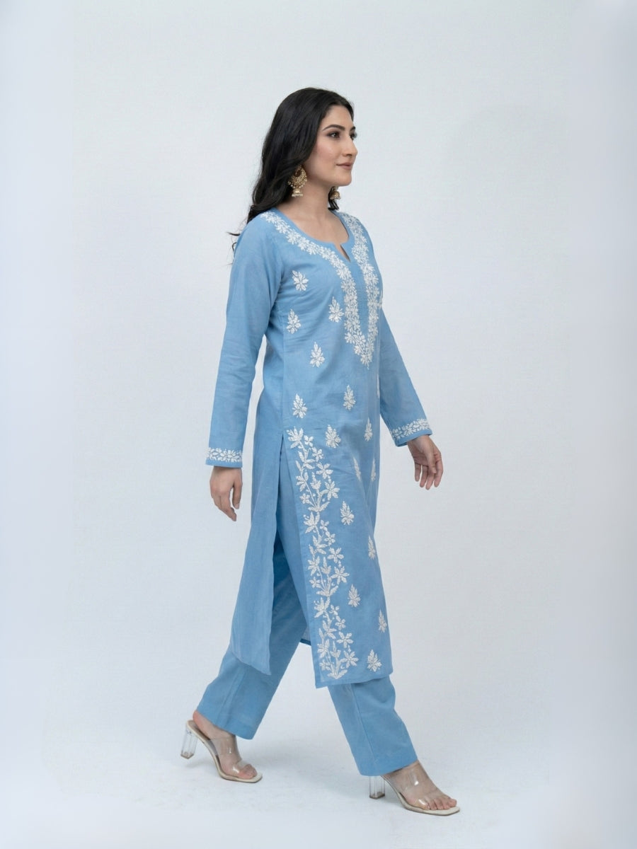 Chikankari Kurti Set -KURTI + MATCHING PANTS + OXIDIZE EARRING