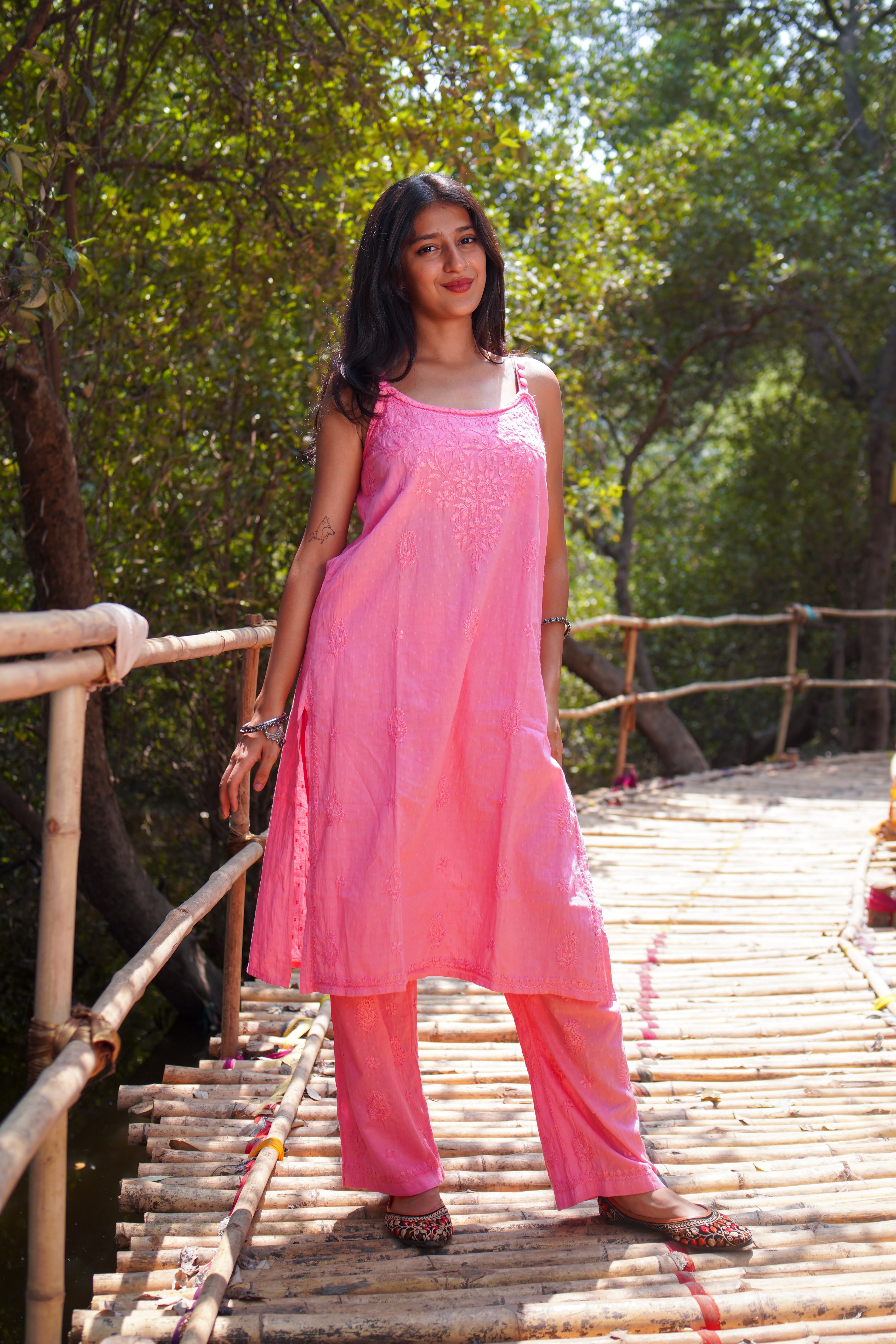 RAHA Dobby Cotton Noodle Straps Straight Kurta Set