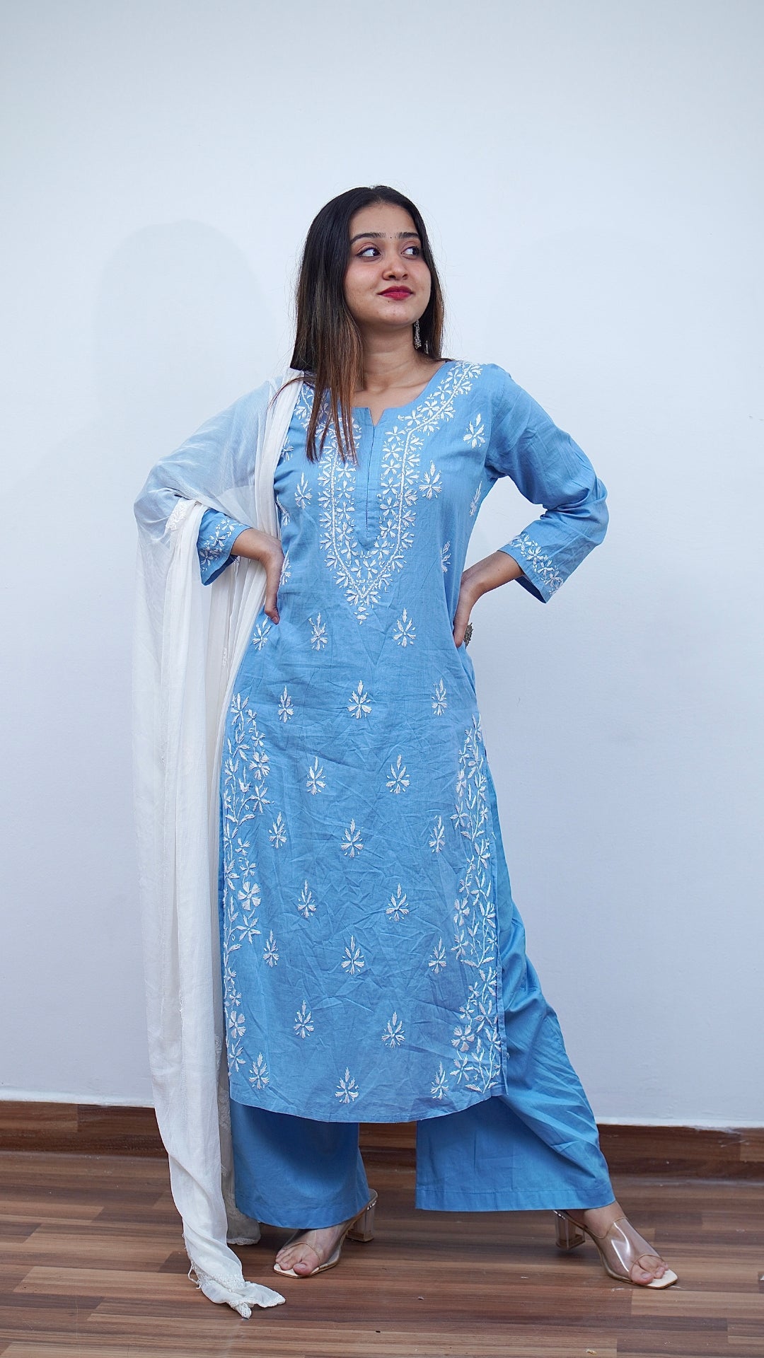 Navratri Special Combo: Chikankari Kurti + Plazo + Dupatta + Oxidize Earring