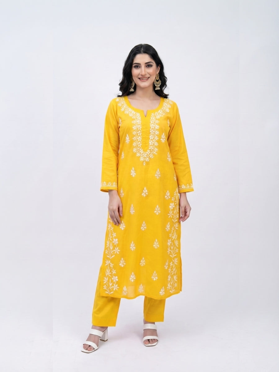 Chikankari Kurti Set -KURTI + MATCHING PANTS + OXIDIZE EARRING