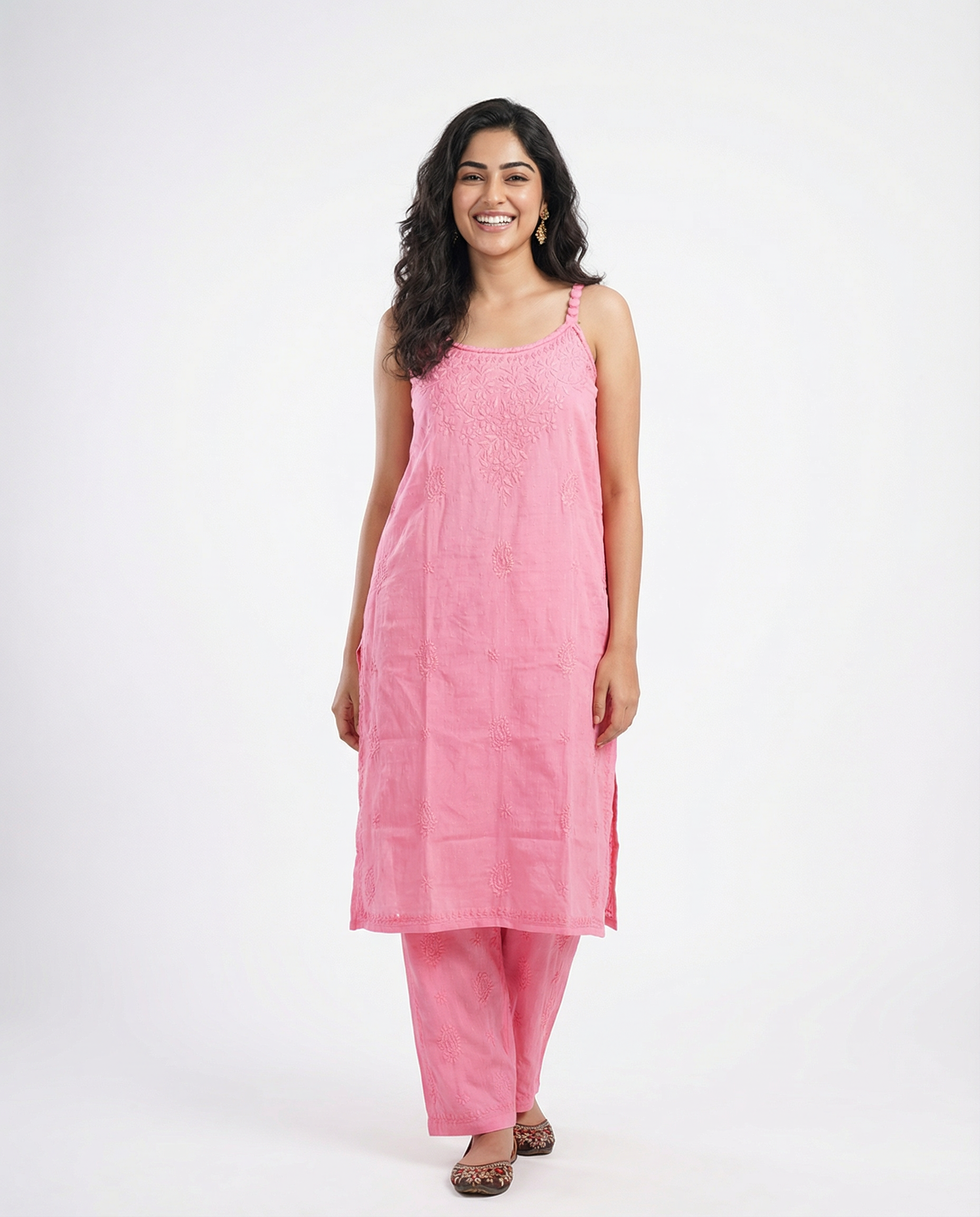 RAHA Dobby Cotton Noodle Straps Straight Kurta Set