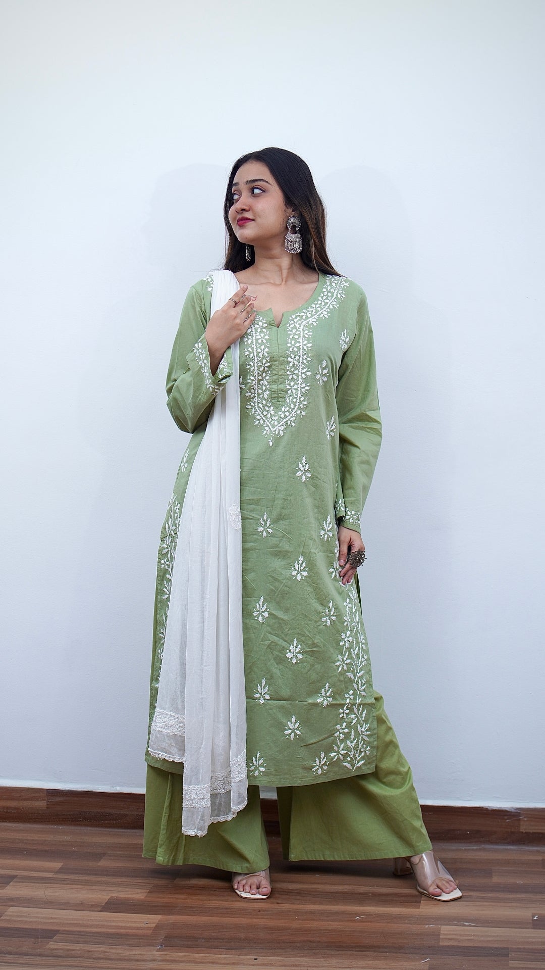 Navratri Special Combo: Chikankari Kurti + Plazo + Dupatta + Oxidize Earring