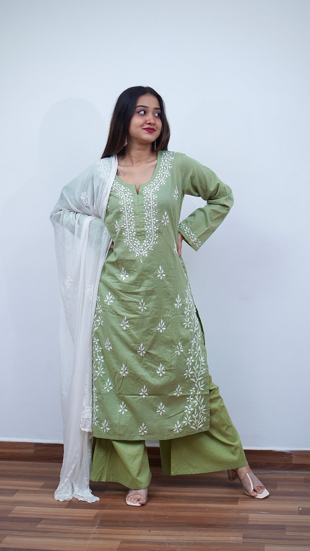 Navratri Special Combo: Chikankari Kurti + Plazo + Dupatta + Oxidize Earring