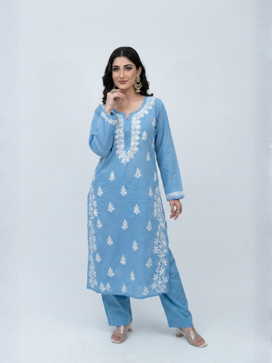 Chikankari Kurti Set -KURTI + MATCHING PANTS + OXIDIZE EARRING
