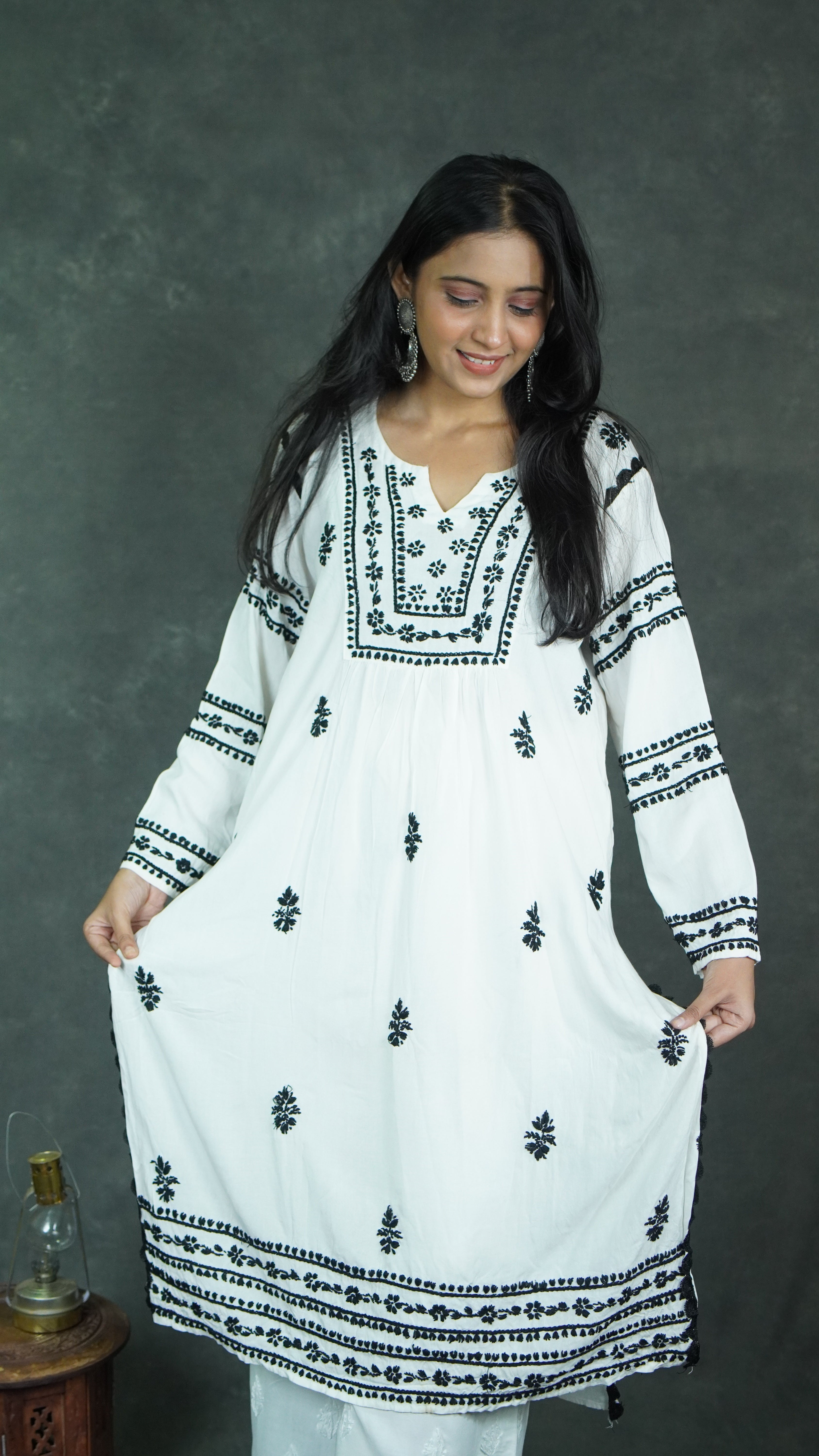 Black & White Rayon Handcrafted Chikankari Kurti