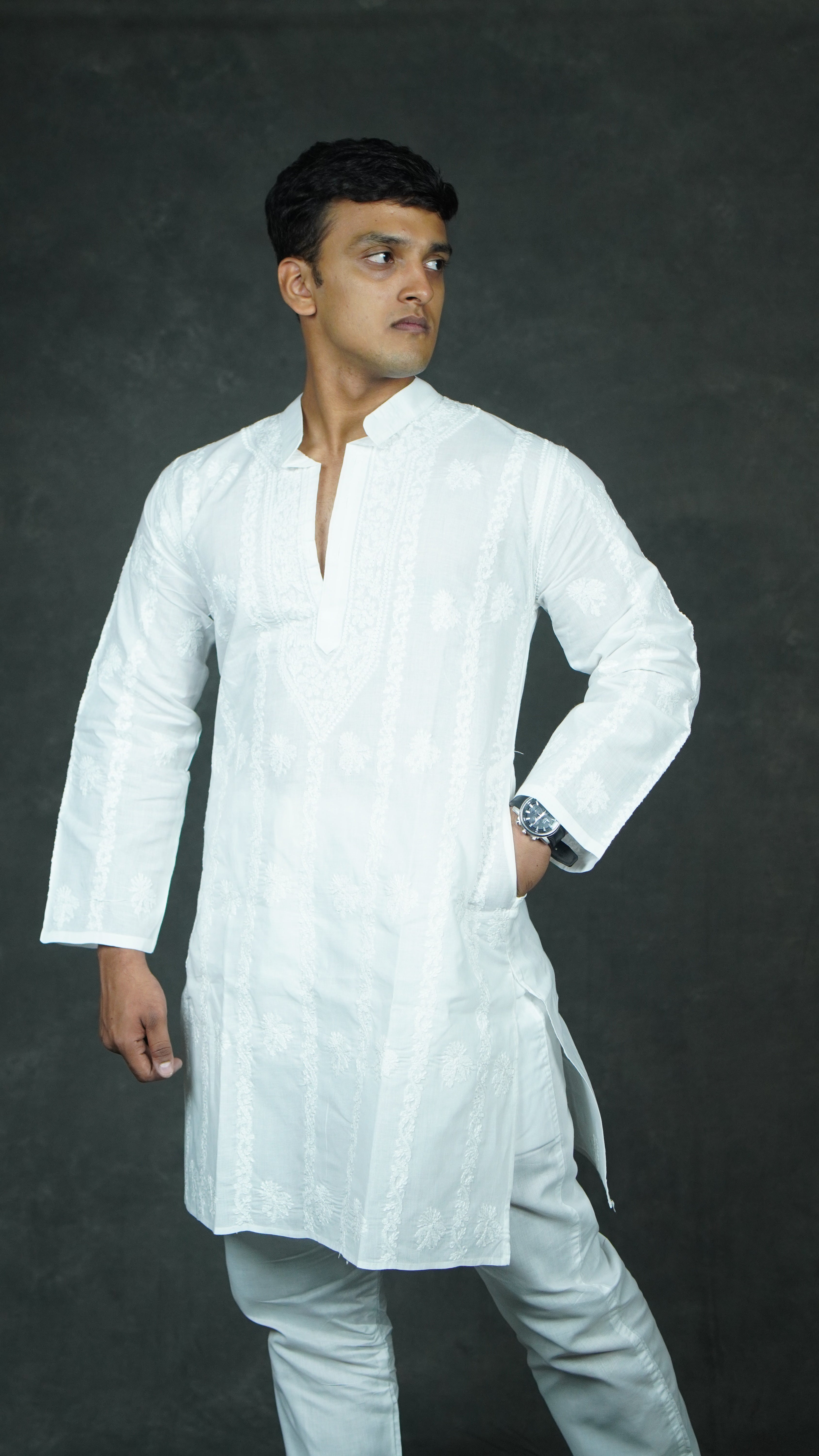 mens white handcrafted chikankari Kurti