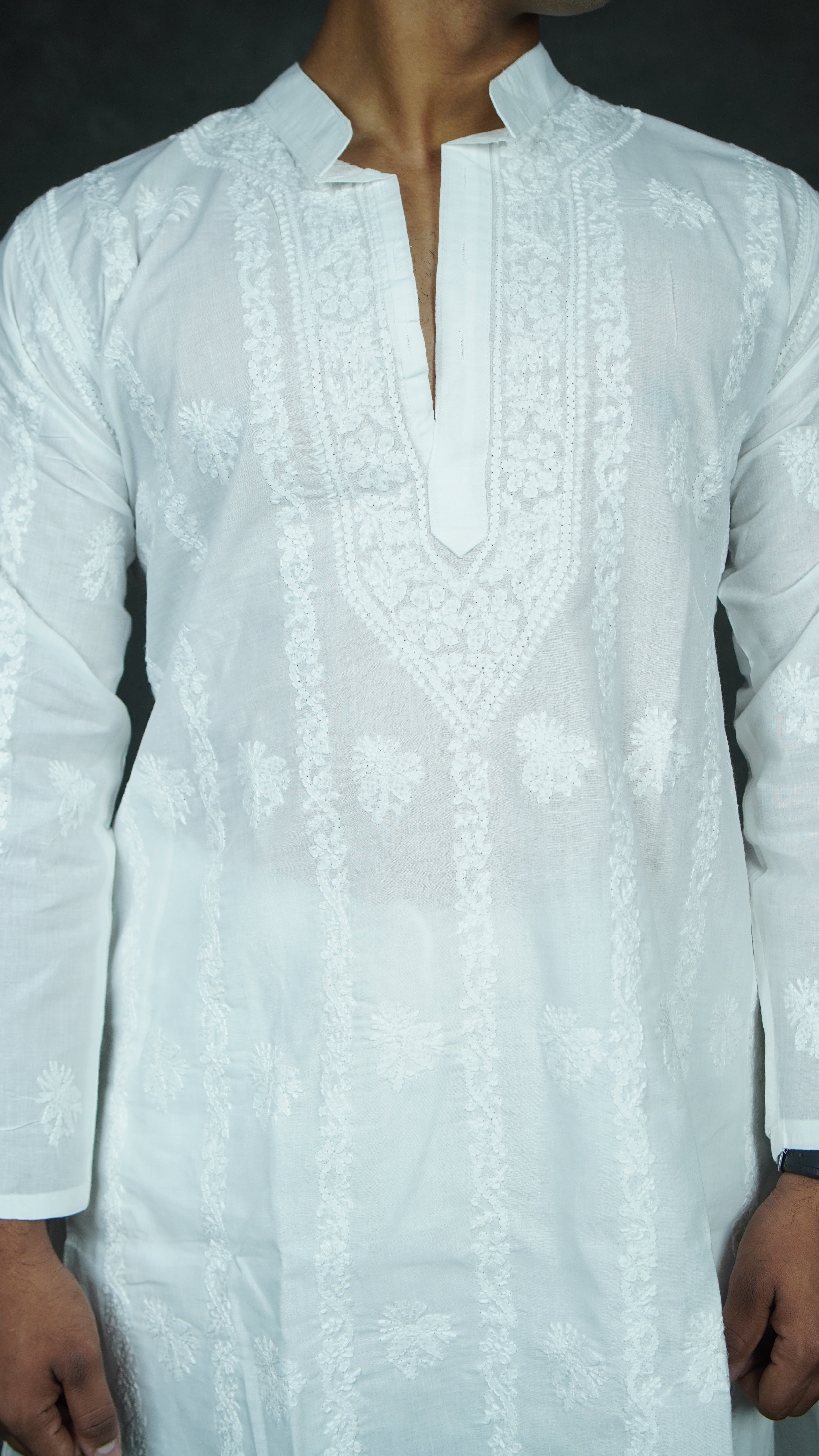 mens white handcrafted chikankari Kurti