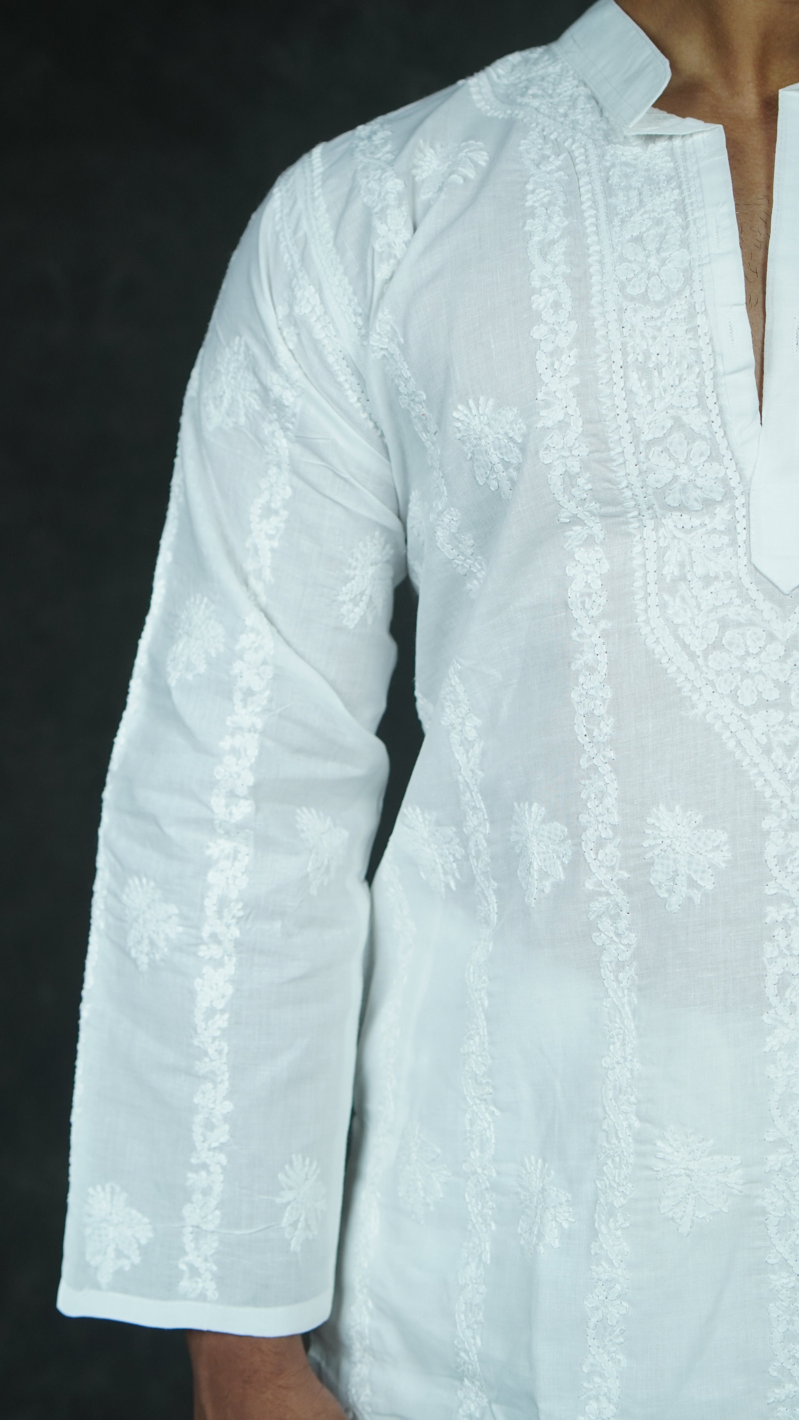 mens white handcrafted chikankari Kurti