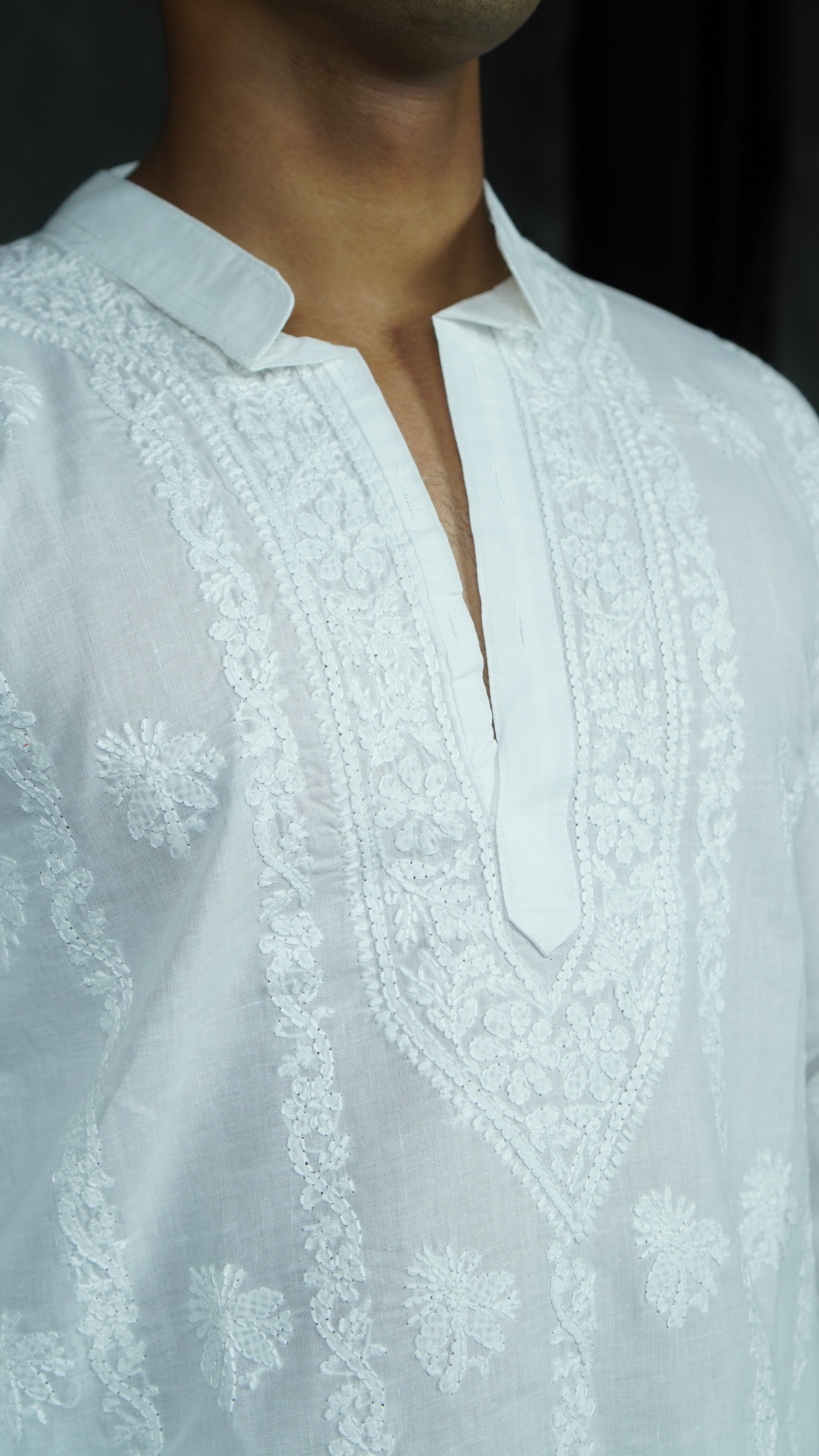 mens white handcrafted chikankari Kurti