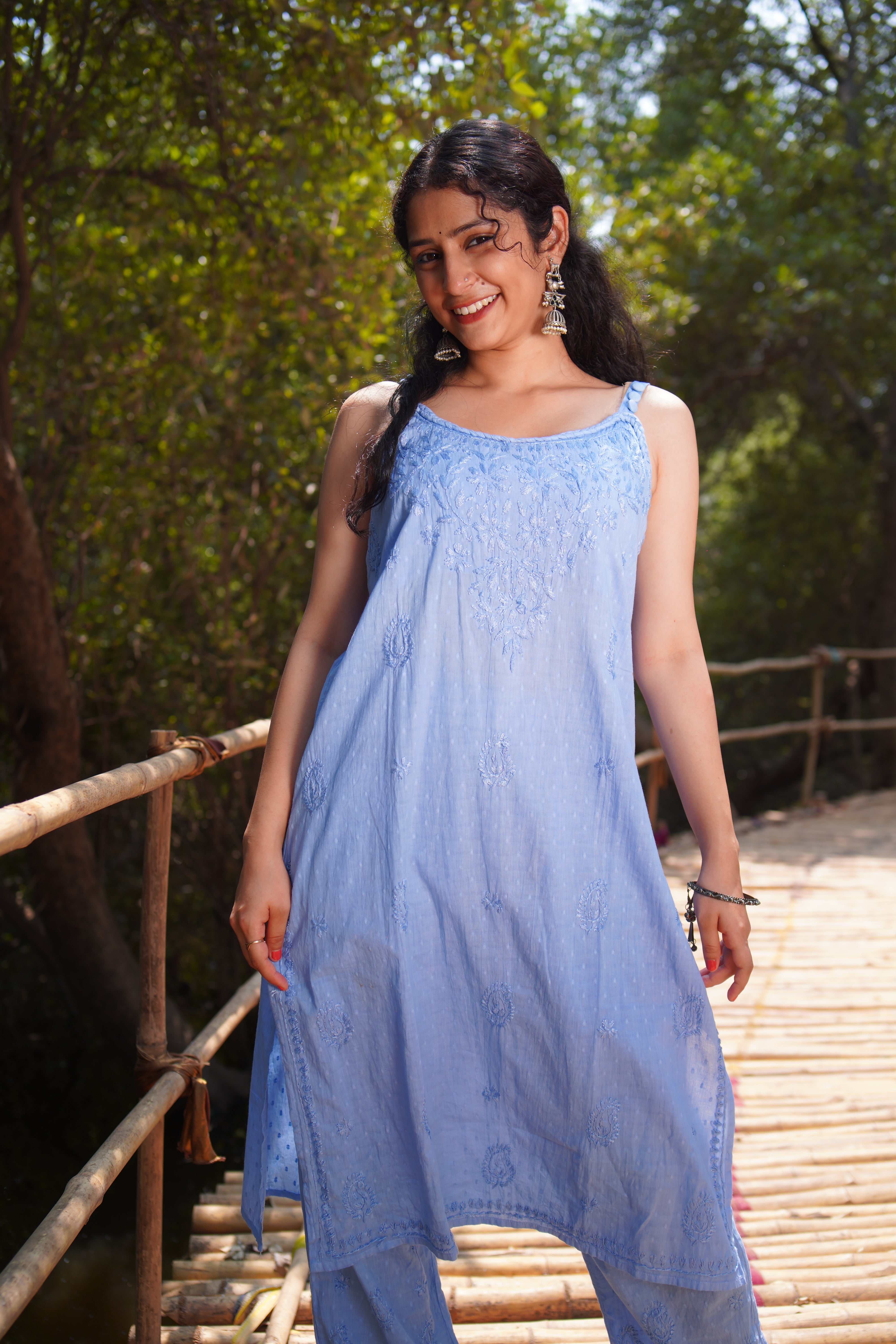 RAHA Dobby Cotton Noodle Straps Straight Kurta Set