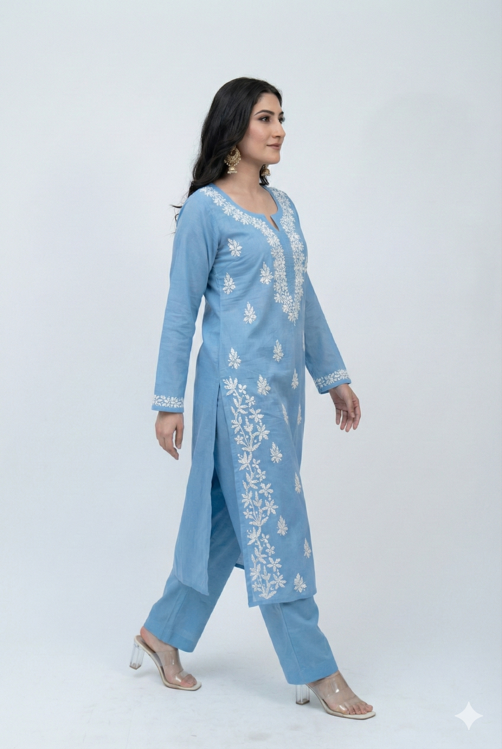 Chikankari Kurti Set -KURTI + MATCHING PANTS + OXIDIZE EARRING