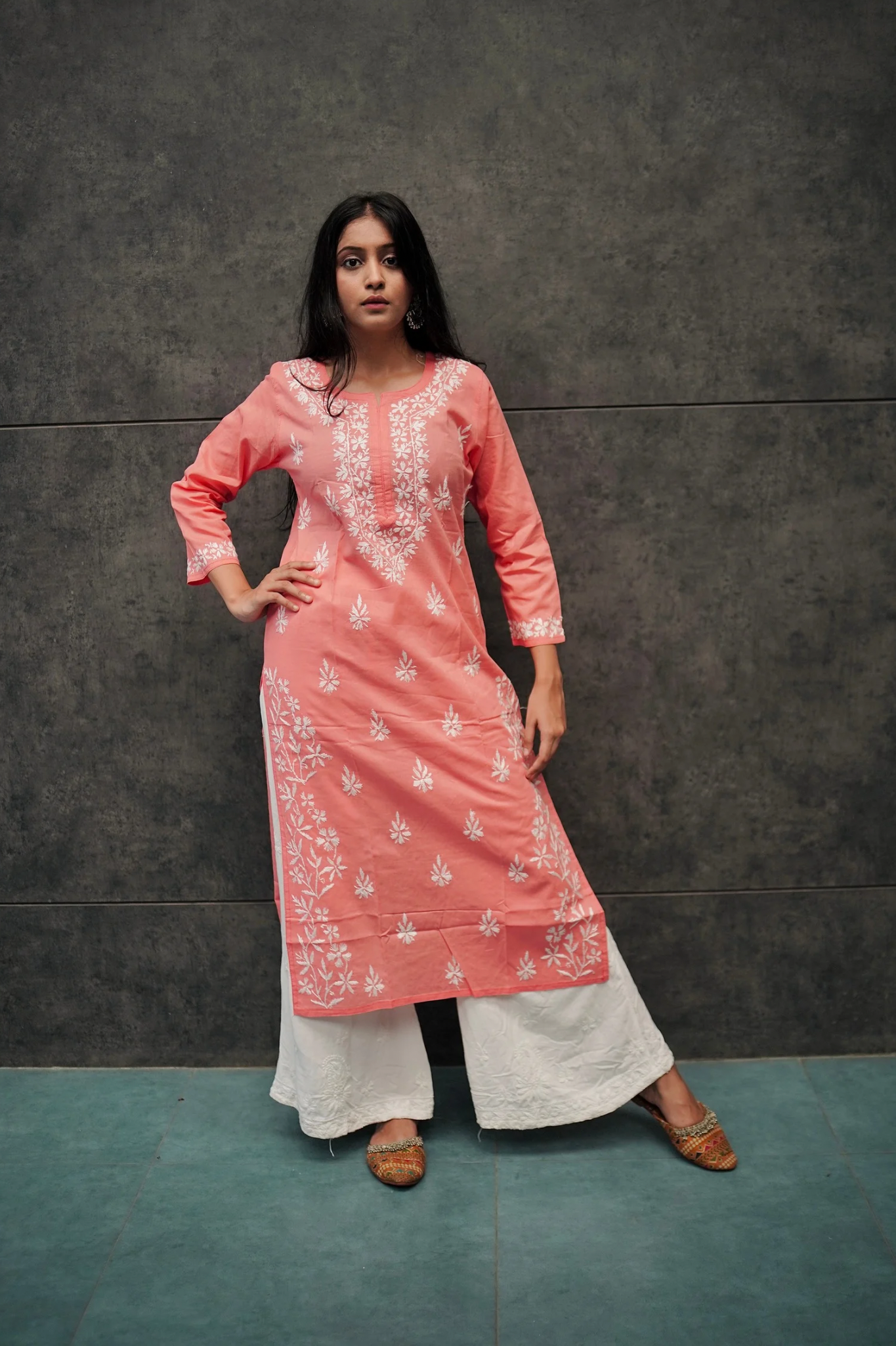 Sara peach color Cotton Chinkankari Kurti