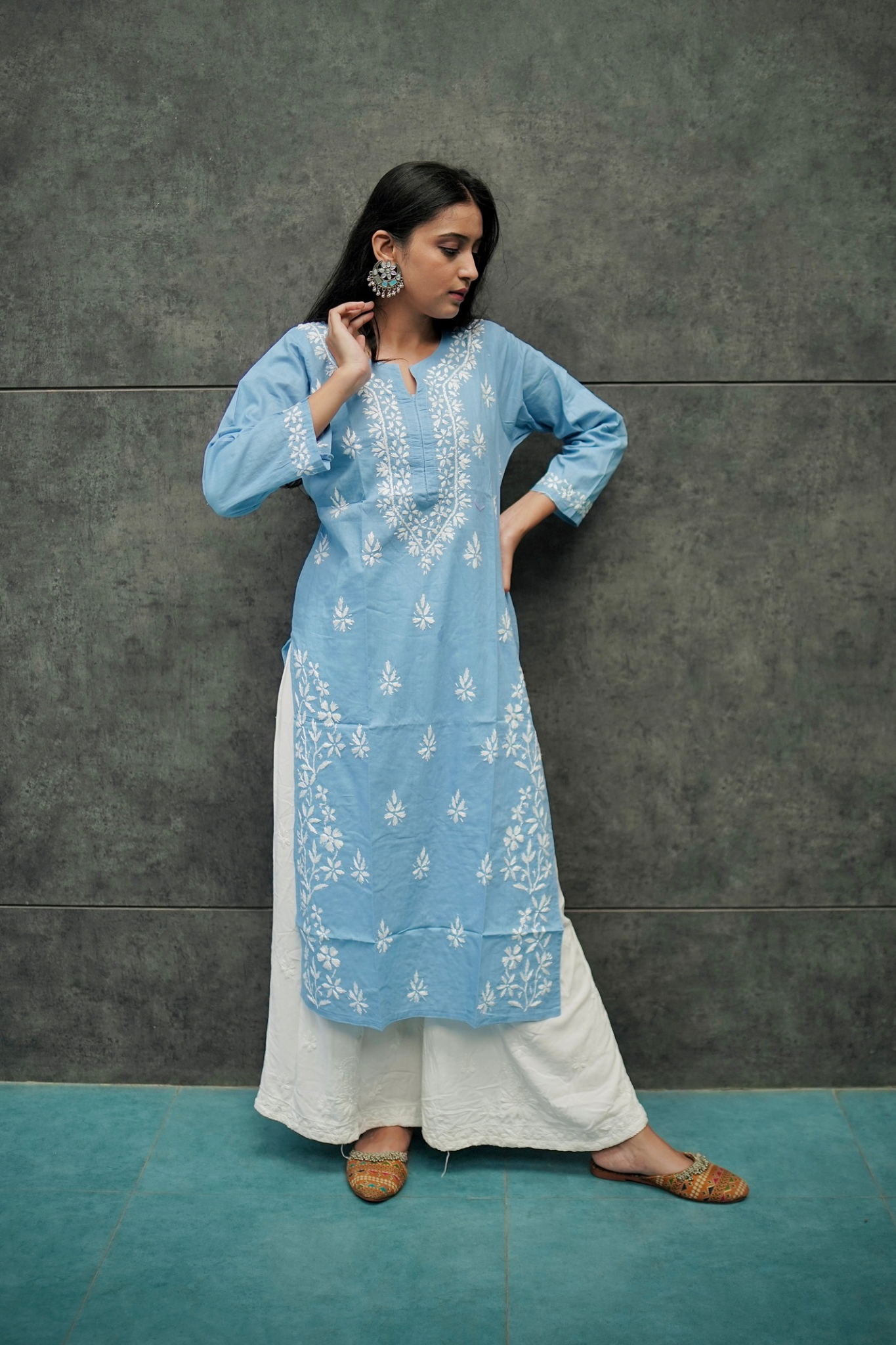 Sara powder blue Cotton Chinkankari Kurti