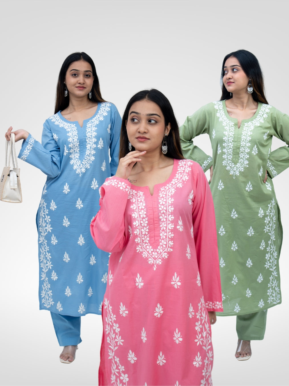Chikankari Kurti Set- Kurti + Matching pants + Oxidize Earring
