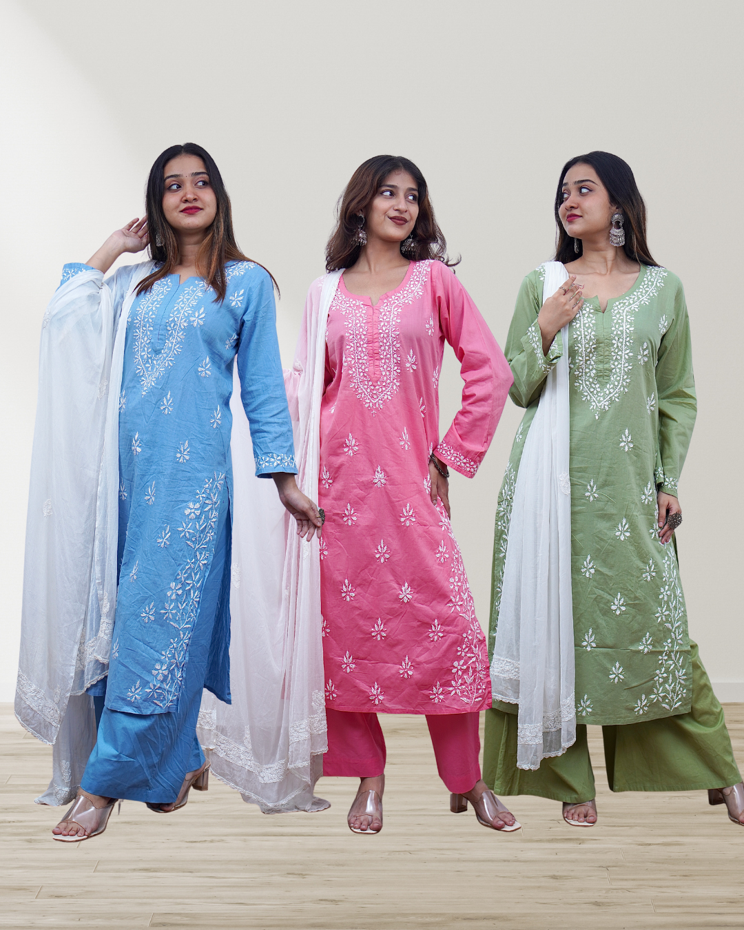 Navratri Special Combo: Chikankari Kurti + Plazo + Dupatta + Oxidize Earring