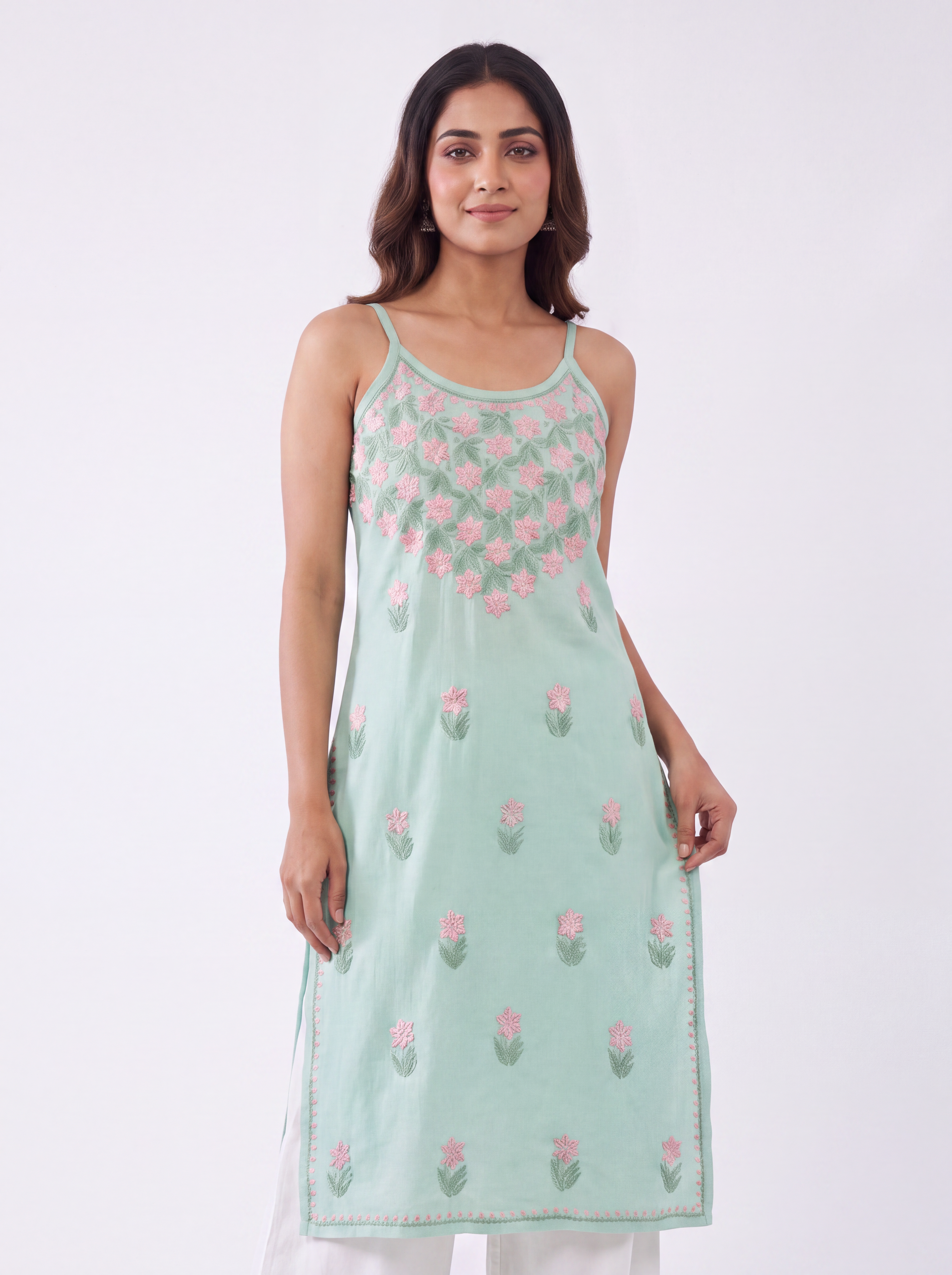 REVA Rayon Noodels strap Chikankari Kurti